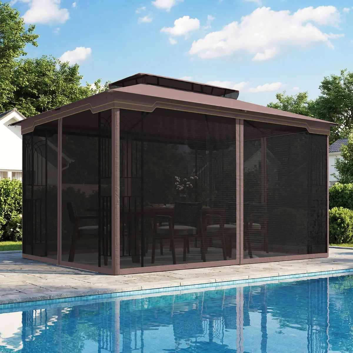10x13 Gazebo With Netting, Outdoor Gazebo Canopy, Metal Gazebo For Patio, Backyard Gazebo With Double Roof, Enclosed Gazebo For Outdoor Covered Patio, Brown