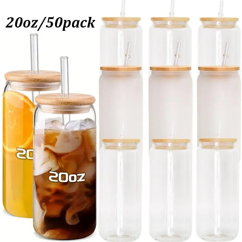 Crafix 25-Pack 20oz Shaped Clear/Frosted Heatproof Sublimatable Glass Tumbler Cups - Portable, Washable, Reusable Drinkware with High-Quality Bamboo Lids & Straws - Versatile Kitchenware for Iced Coffee, Cold Drinks - Ideal Gift Set, Drink