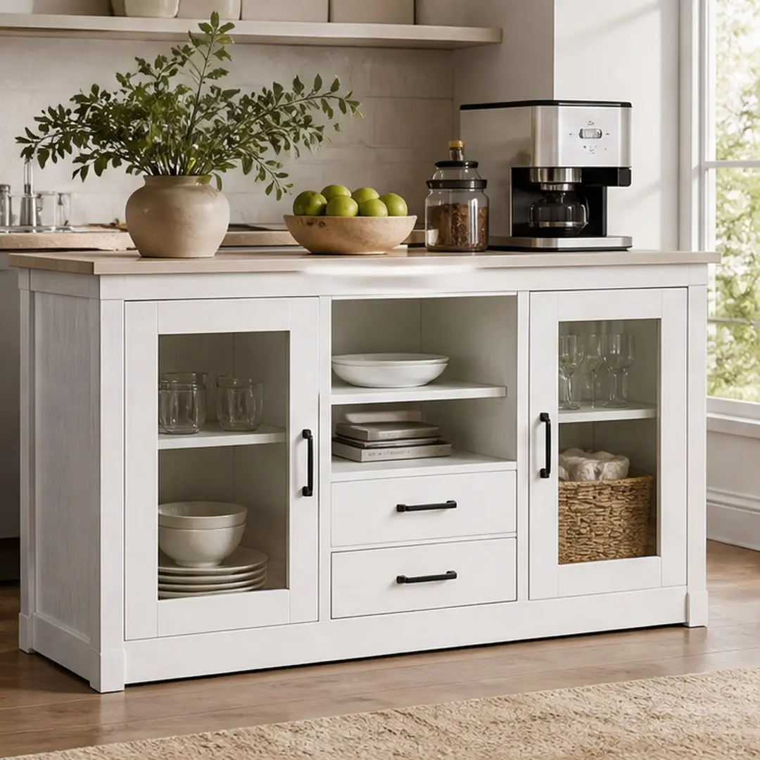 51" Wood Sideboard Buffet Cabinet - American White Oak MDF, Glass Doors & Drawers, Adjustable Shelves, 51" W x 15.75" D x 33" H, 103 lb Durable Farmhouse Storage for Dining/Living Room, Assembly Required, Kitchen Storage Cabinets, Installation Manual, Com