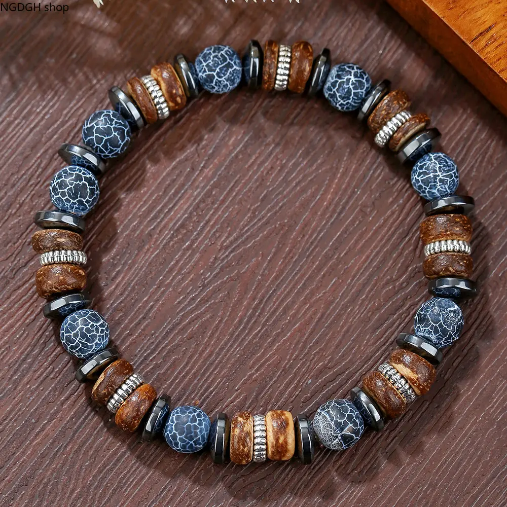 Natural Stone Beaded Bracelets - Mixed Beads Stretch Elastic Stackable Band, Multi-Colors Mixed Gemstone Wood Hematite Boho Wristband, Men's & Women's Casual Wear Beach Accessory, Birthday Gift
