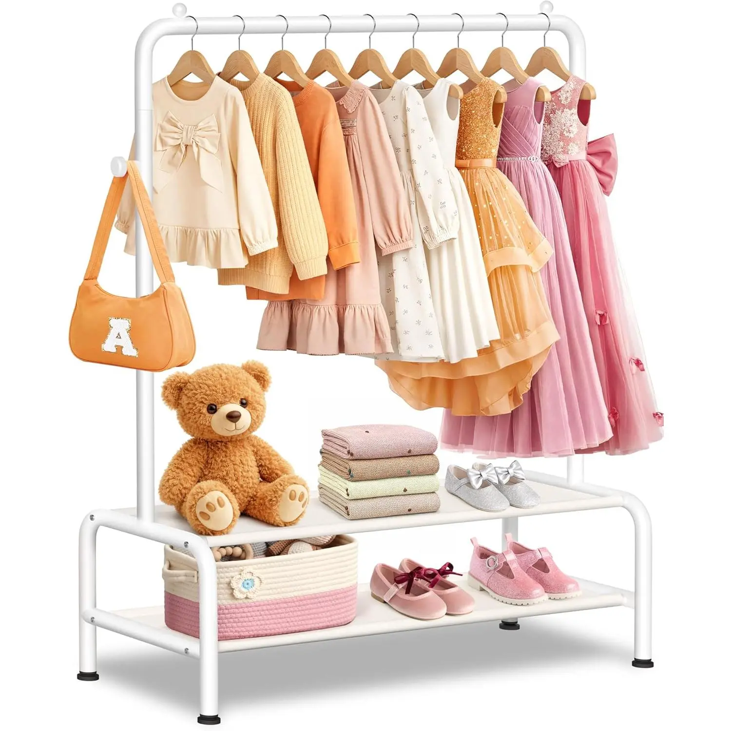 Kids Clothing Rack - Dress Up Clothes Rack - Baby Toddler Closet - Mini Freestanding Coat Racks with 2 Fabric Shelves - Small Kids Costume Wardrobe - Garment Rack for Hanging Clothes Organizer
