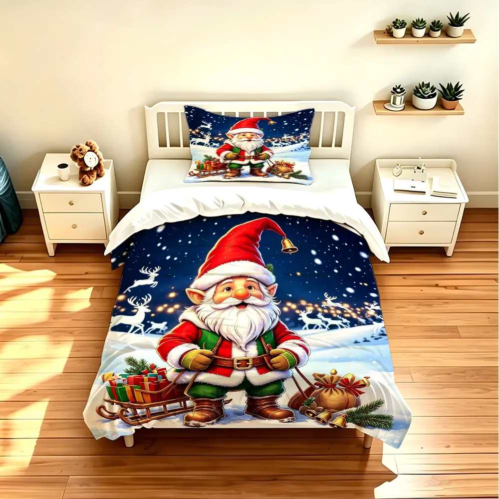 2/3pcs duvet cover set (1 duvet cover + 2 pillowcases) - Christmas Santa Gnome Sleigh Gifts Print Bedding Set, High Definition Digital Printing, Fade Resistant, Soft & Cozy Polyester Fabric, Suitable for Bedroom Dorm Hotel, All Season Home Decor (wi