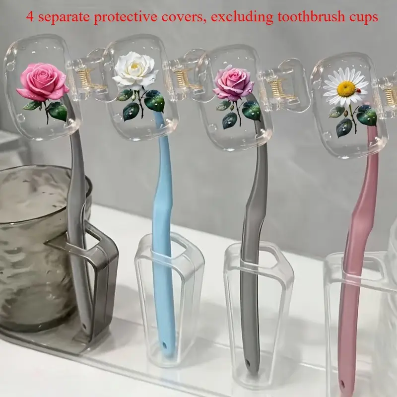4pcs Floral Pattern Travel Toothbrush Head Covers - Cute Design, Protective Plastic Caps for Home and Travel Use, Portable Brush Protector Case for Bathroom, Camping, and Business Supplies, Adorable Toothbrush, Lively Design, Easy-Access Design, Flower