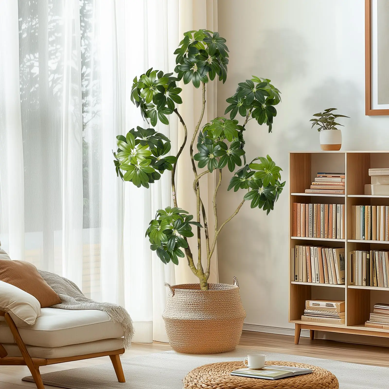 Lifelike Faux Schefflera Umbrella Plant – Multi-Stem Artificial Floor Tree Paired with Stylish White Decor Planter – Large No-Upkeep Green Foliage Ideal for Living Spaces, Workspaces, Lounge Areas & Patio – 150CM Height