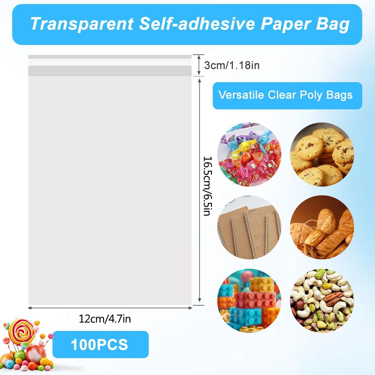 100 Pack 4 3/4in. X 6 1/2in Clear Resealable Cello/Cellophane  Bags Self Sealing Bags  Safe for Cookie Candle Soap Candy Bakery
