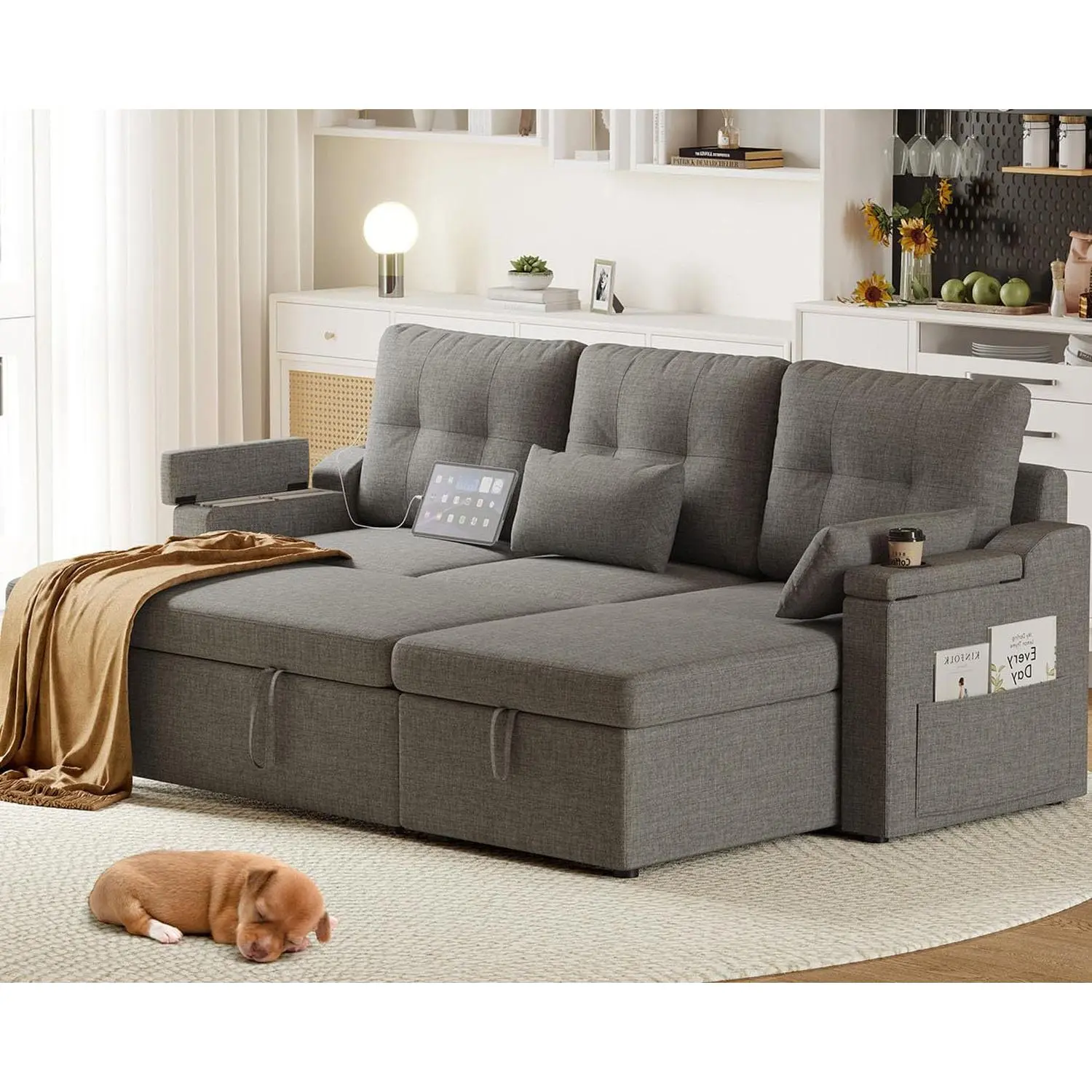 Sofa Bed, Reversible L-Shaped Sectional Sofa Bed with Storage, Pull-Out Sleeper, Modern Space-Saving Couch, USB Type-C Ports, Removable Washable Cushion Covers