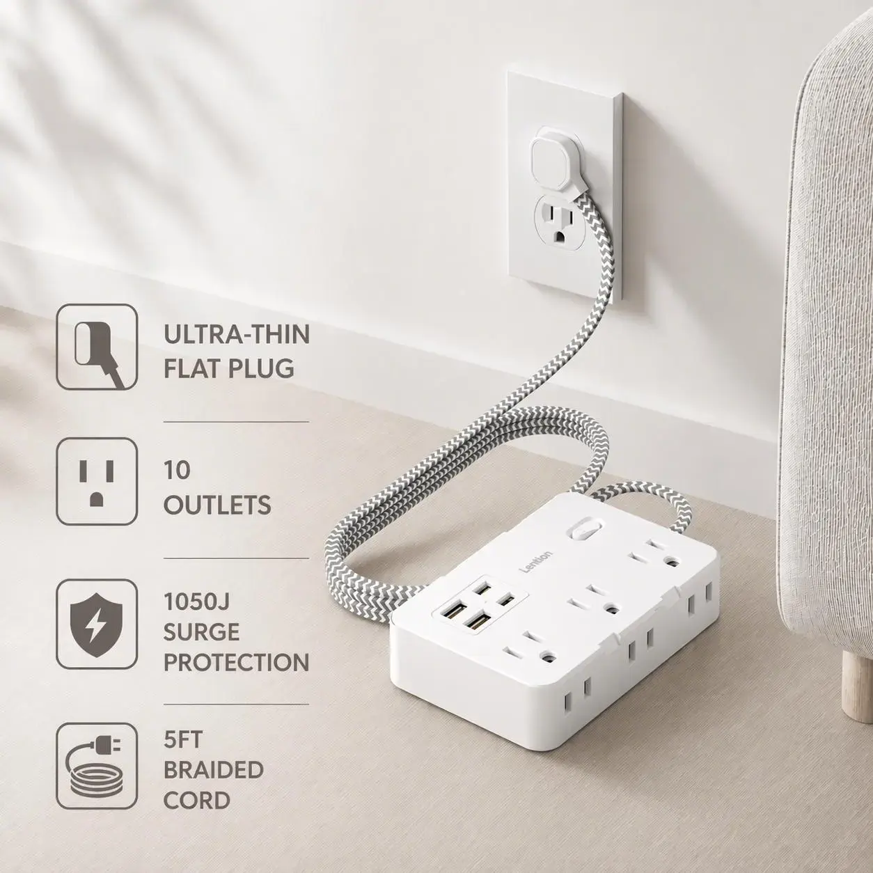 Flat Plug Surge Protector Power Strips Multifunctional Power Strip, 5 ft Braided Flat Extension Cord with Multiple Outlets and 4 USB Ports, Compact Desk or Wall-Mount Charging Station for Office, School and Dorm, Power Socket Extender #GLOBAL PICKS