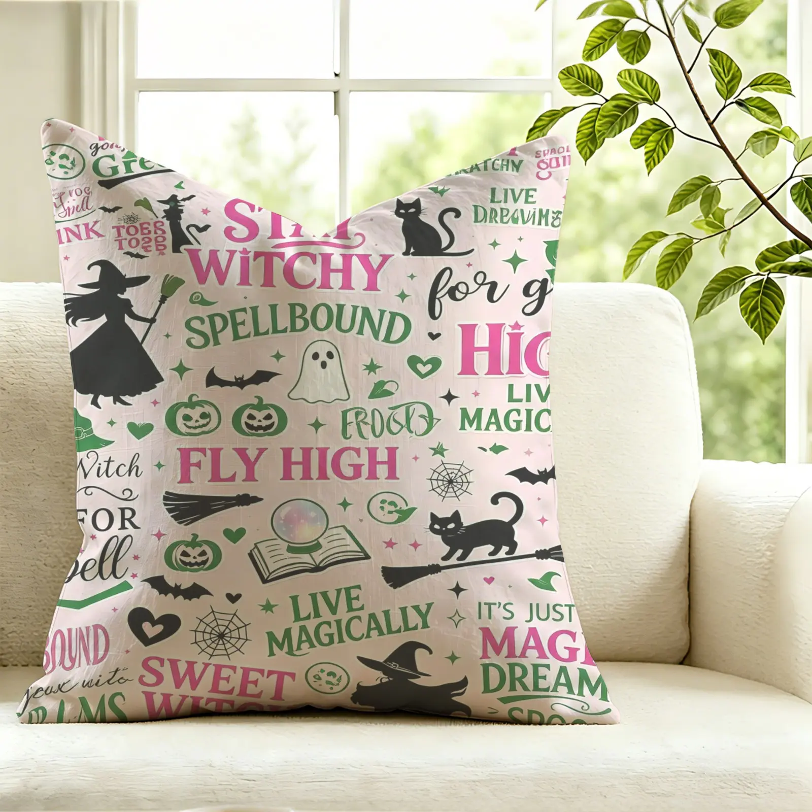 1Pc Halloween Witch Print Throw Pillow, Decorative Cushion Accent Pillow, Includes Pillow Core, Build Warm Magical Spooky Atmosphere, Soft Fabric For Sofa, Bed, Car & Holiday Room Layout Styling