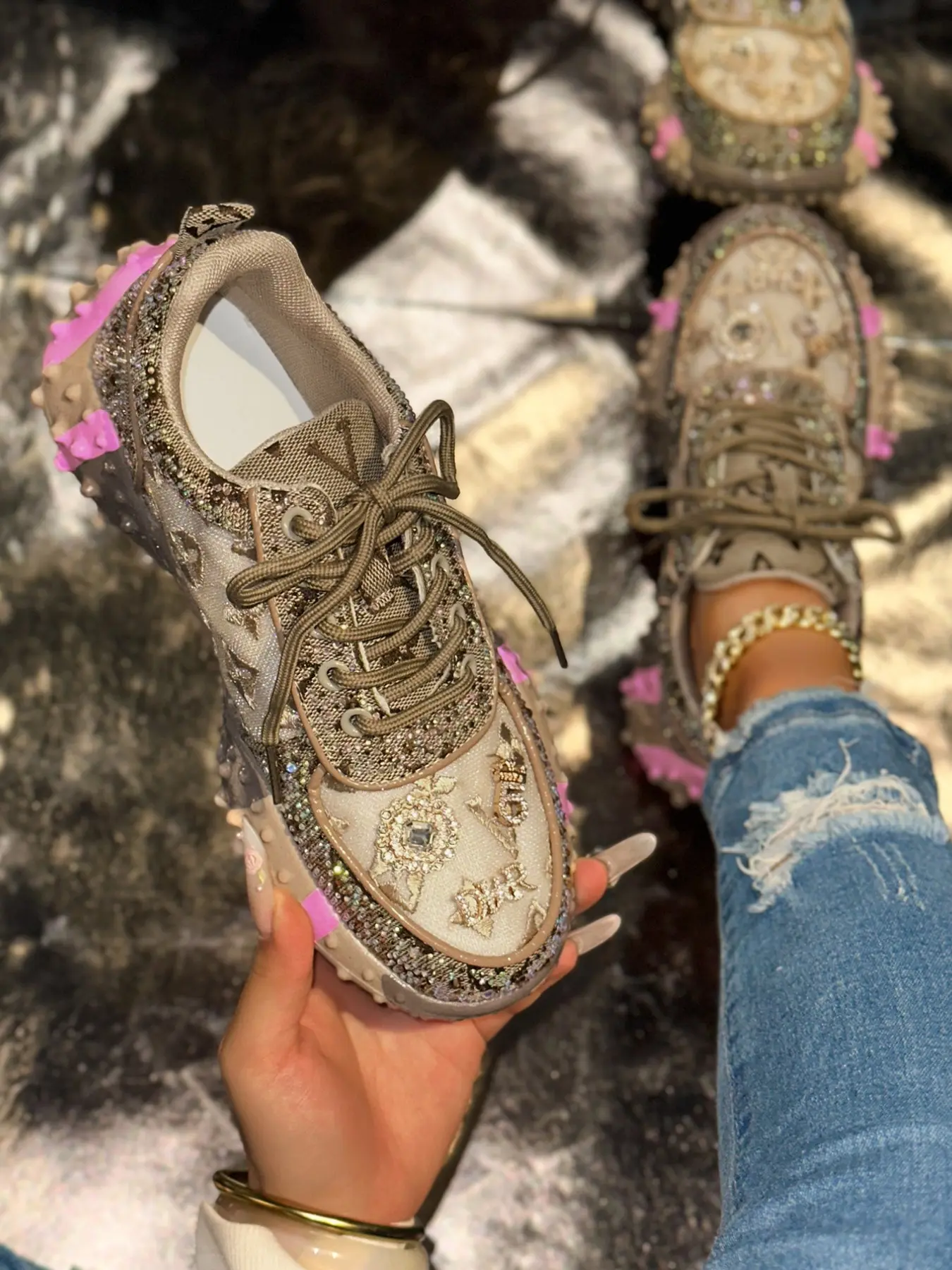 Women's Thick Sole Dad Shoes, Rhinestone Mesh Breathable Unique Design, Hand-Embedded Rhinestones Fashion Lightweight Luxury Casual Women's Shoes Trainer Sneaker Walking Shoes Footwear Casual Trendy Trainers Trending Sneakers