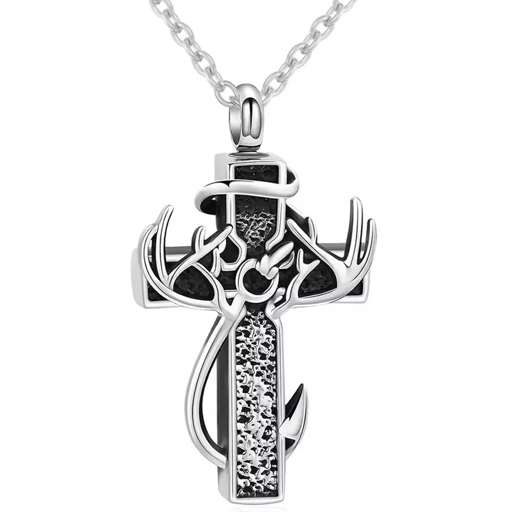 Elegant Stainless Steel Antler Cross Ashes Urn Pendant Charm, Unisex Memorial Ashes Holder, Gift Jewelry with Unique Recognition for Human Loved Ones, Bag Accessory
