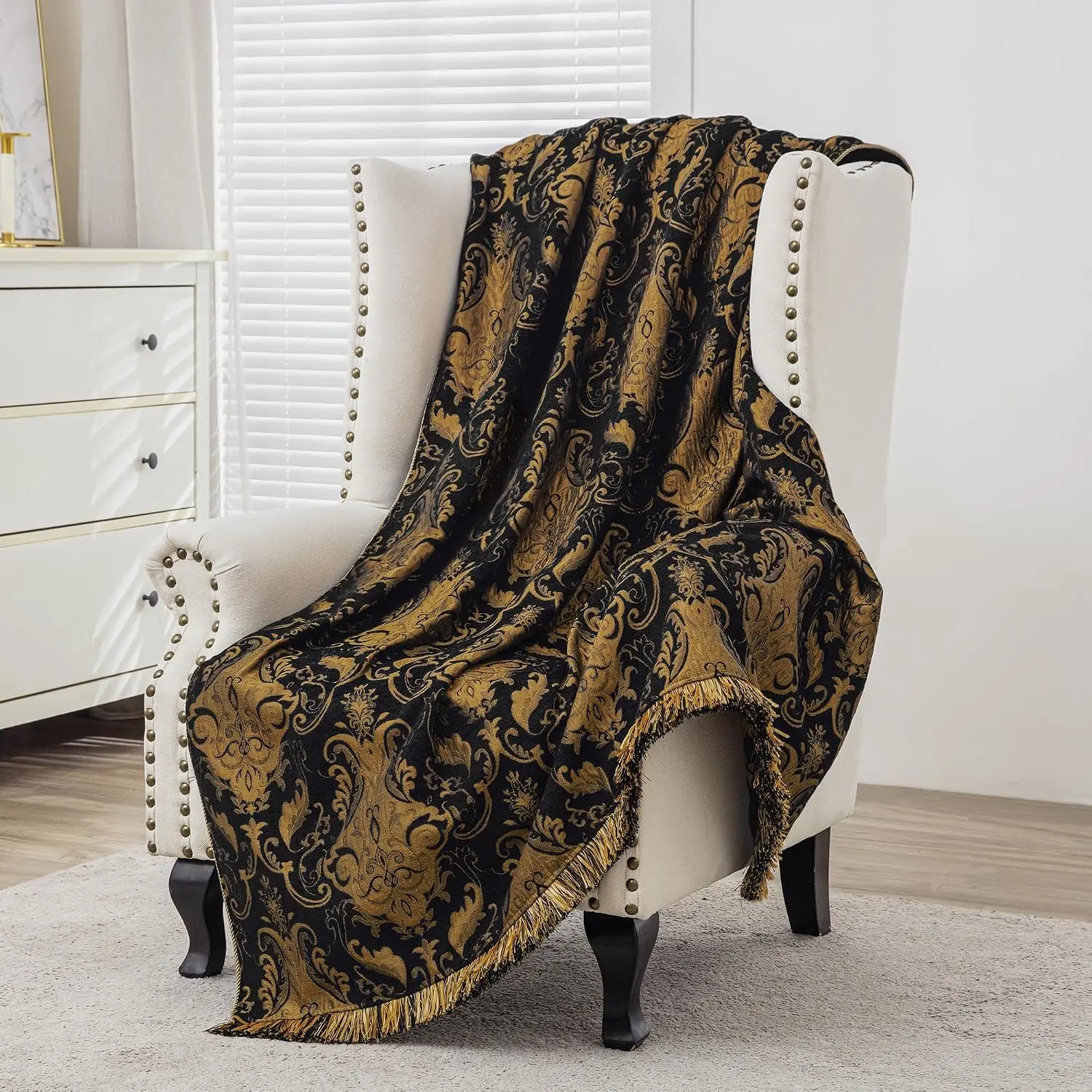 Luxury Black Throw Blankets for Bed, Classic Damask Bed Throws with Fringes Trim, Soft Lightweight  Lined Fall Throw Blanket for Couch Chair Halloween (Black,52”x72”)