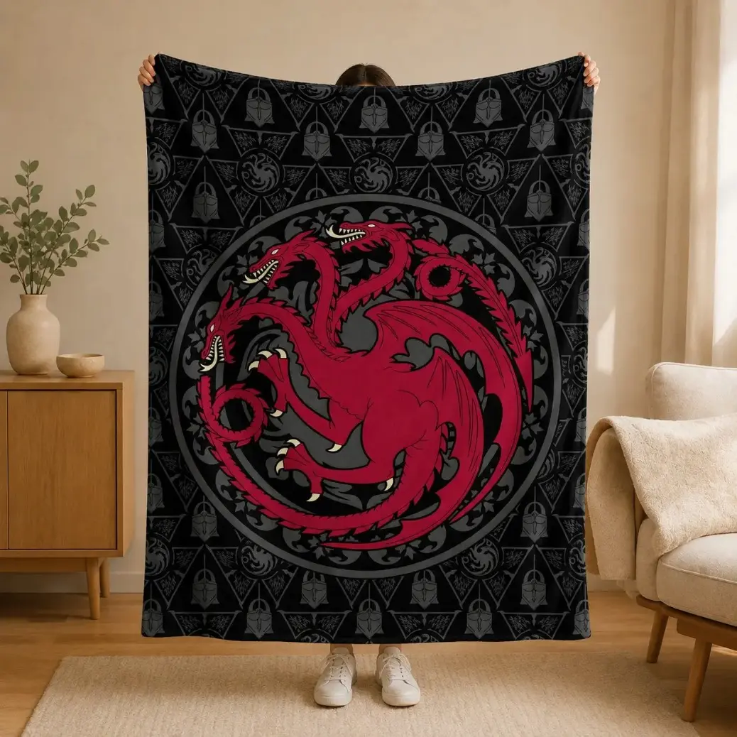 Dragon Family Targaryen Dragon Badge Flannel Blanket, Dark Fantasy Print Nap Blanket, Soft Warm Sofa Bed Blanket, TV Show Fan Gift Suitable as a gift. Super soft  decorative sofa/sofa/bedroom