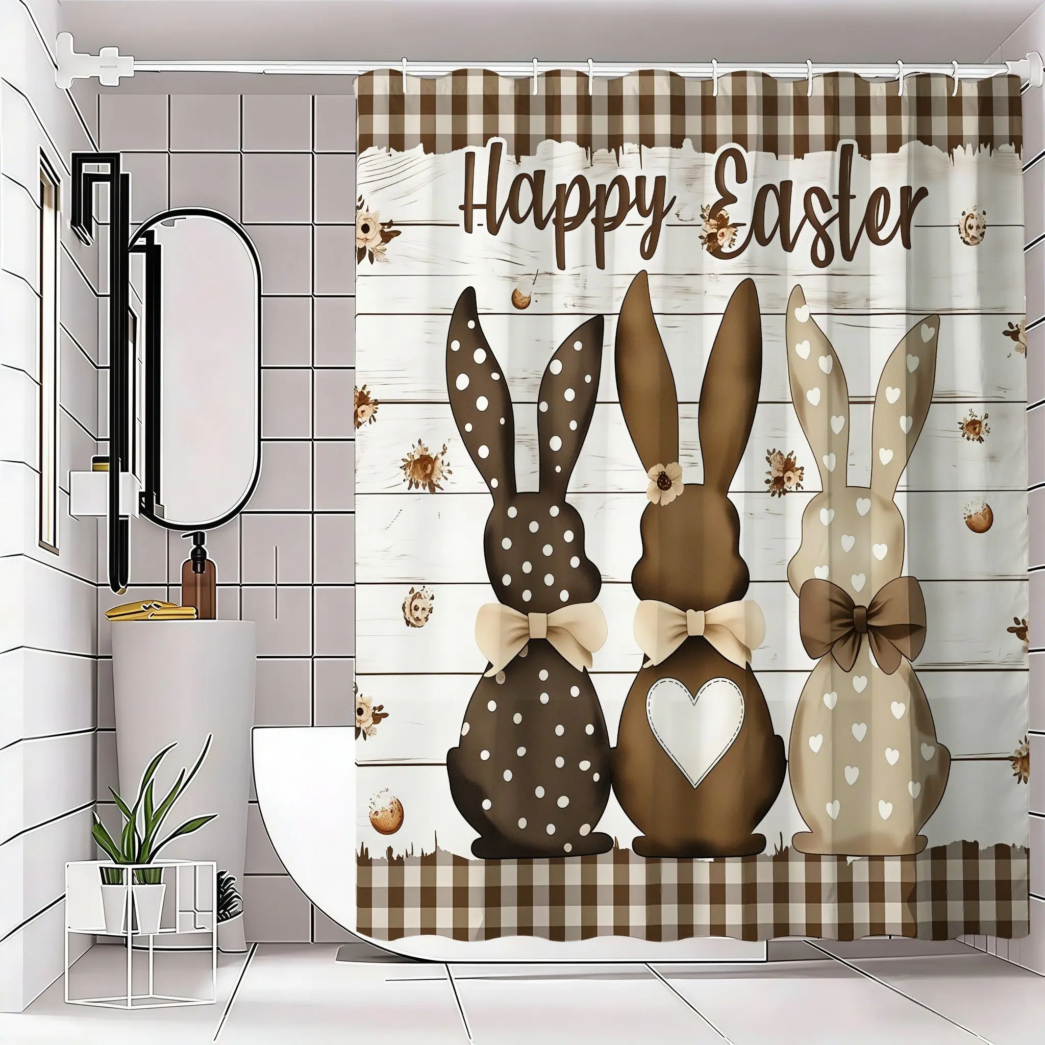 Festive Easter Shower Curtain, Distressed Wood Panel, Stylish Bunnies, Gingham Check Border, Happy Easter Typography, Chocolate Eggs, Honeycombs