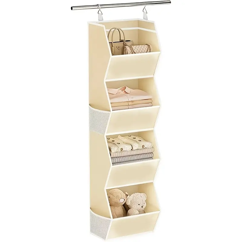 Storage Bag - Hanging Wardrobe Organizer, 4-Tier Design, Clothes Hook Rack with Foldable Storage Baskets, Space-Saving Bedroom Cabinet System for Home, Dorm, RV, Hats, Bags, Shoes