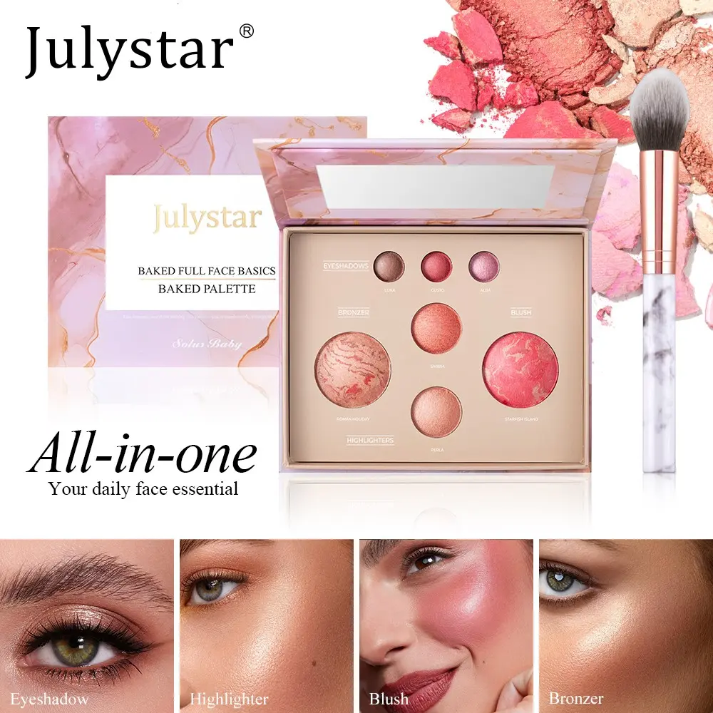 Julystar Baked Full Face Makeup Palette,All‑in‑One Eyeshadow Highlighter Blush Bronzer Set With Makeup Brush,2 Shades Option,Portable Baked Palette For Summer Party Travel