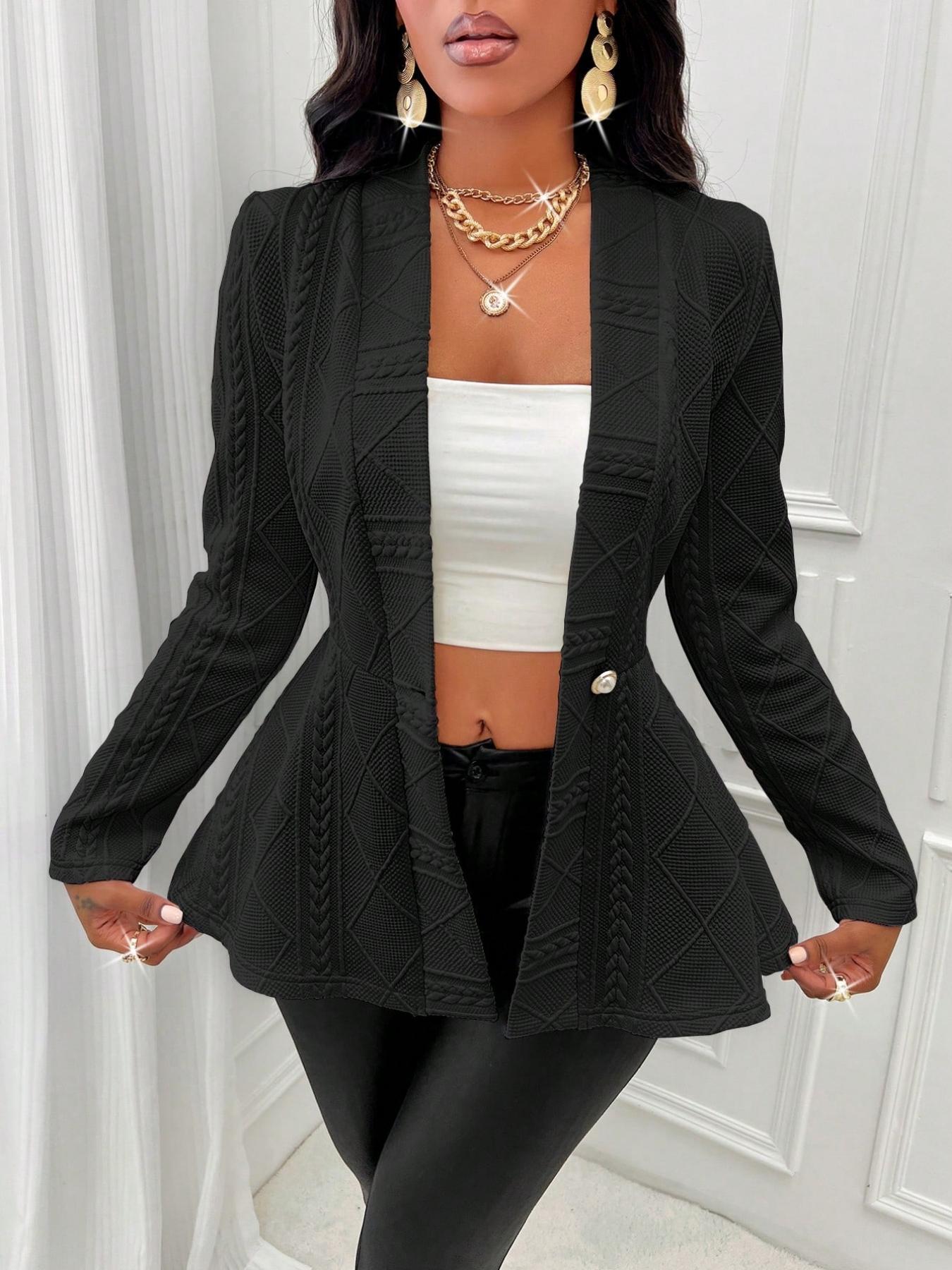 Women's Textured Faux Pearl Button Peplum Hem Coat Long Sleeve V Neck Fall Outerwear Elegant Design Pearl Accent Detail Daily Wear