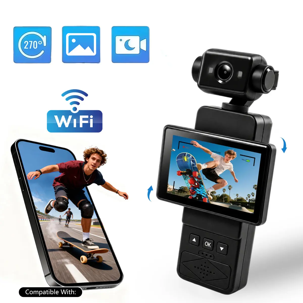 HD Handheld Camera, Action Camera, Mini Video and Audio Camcorder, Outdoor Sports, 270° Rotating Lens, Manual Flip Screen, 1gb-32GB Included