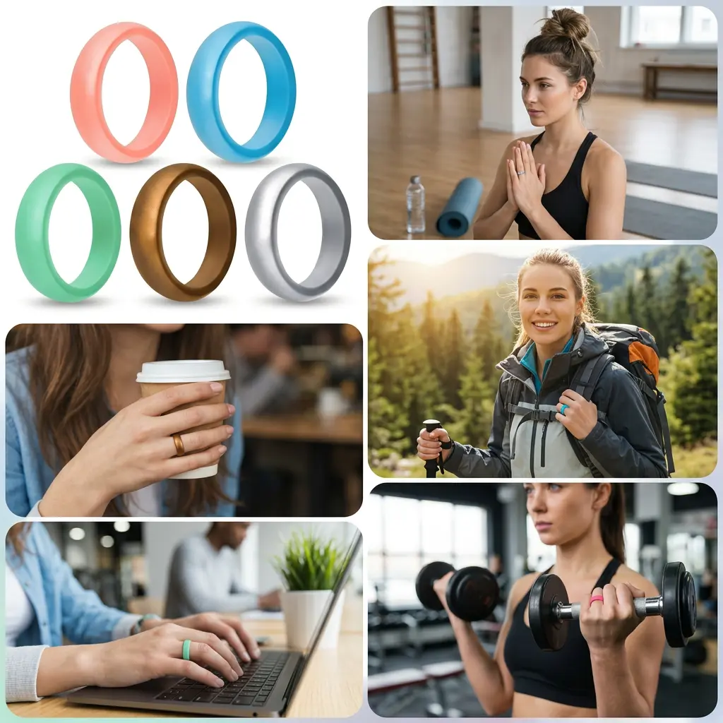 Female 5-Pack Premium Finish Soft Silicone Rings, 5.7mm Flexible Wedding Band Set, Stackable Comfortable Everyday Daily Rings, Everyday Rings, Basic