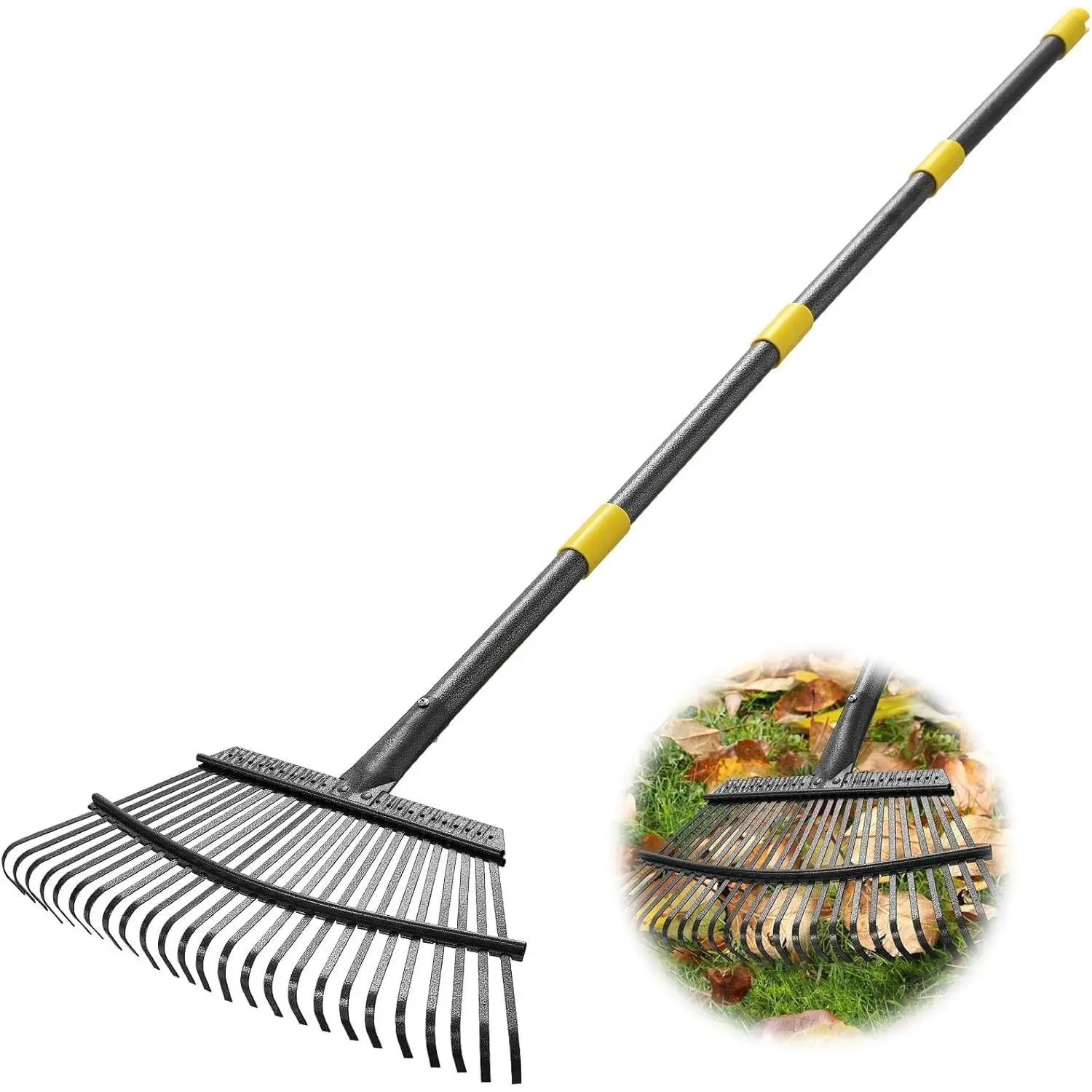 Rake for Leaves, Heavy Duty Leaf Rakes for Lawns & Yard - 65” Adjustable Long Handle 18” Width 25 Metal Tines - Gardening Rake for Adults  for Shrub,Grass,Mulch