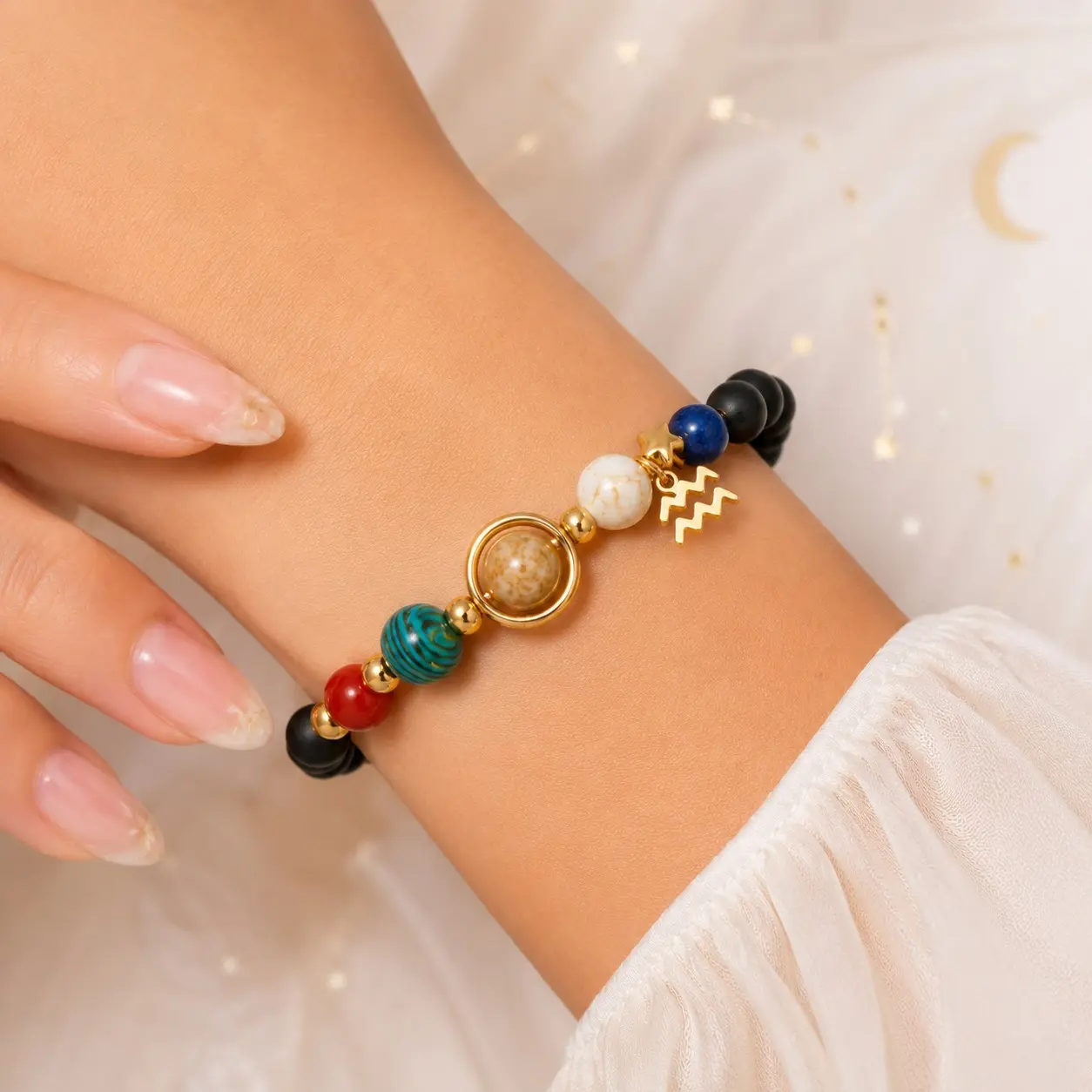 Women's 12 Zodiac Natural Stone Beaded Stretch Bracelet - Stainless Steel Charm, Solar System Planet Design, Astrology Birthday Gift