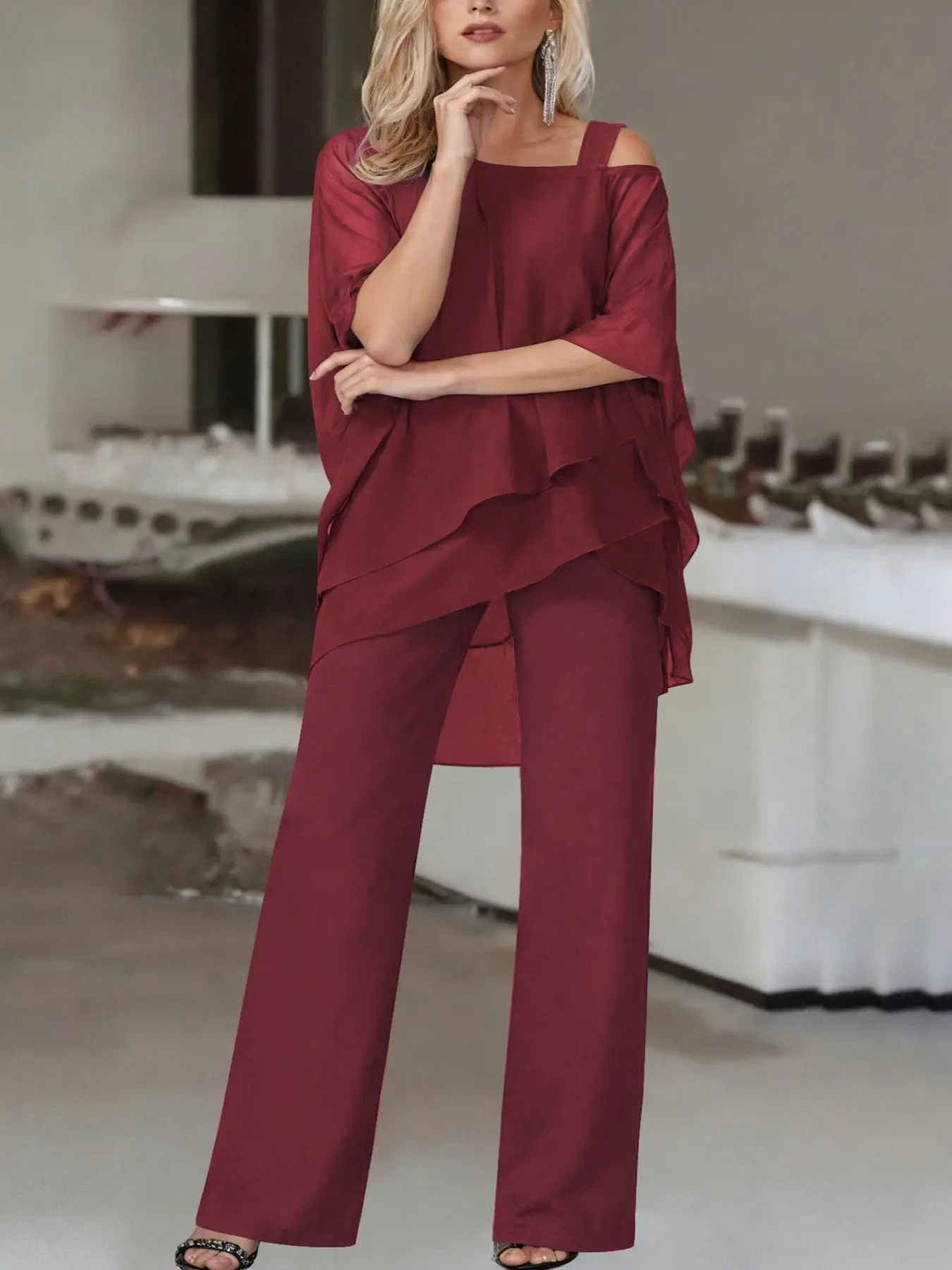 Curvy Plus Size Asymmetrical Shoulder Layered Top & Straight Trouser Matching Set, Flowy Silhouette Conceal Midsection & Thick Hips, Relax Casual Two Piece Suit For Shopping Dinner Holiday Everyday Summer Wear Outfits
