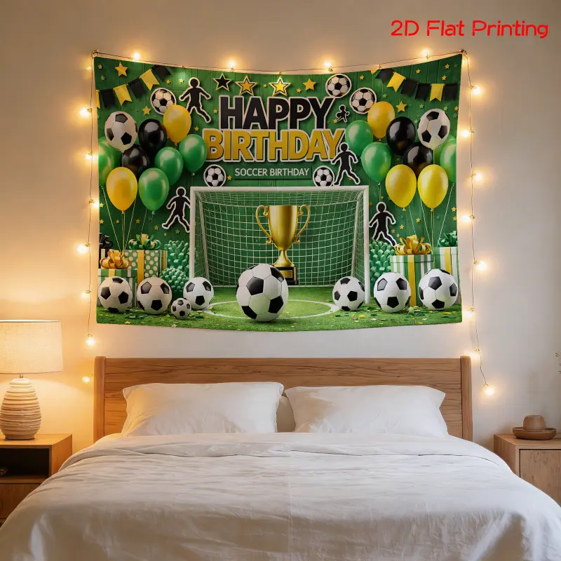 Large High Definition Digital Print Tapestry Green Theme Soccer Balloon Happy Birthday Pattern Polyester for Backdrop Photo Prop Party Banner Birthday Gift Room  Multiple home wall mural decorative hanging art  bedroom club apartment decor Personalized