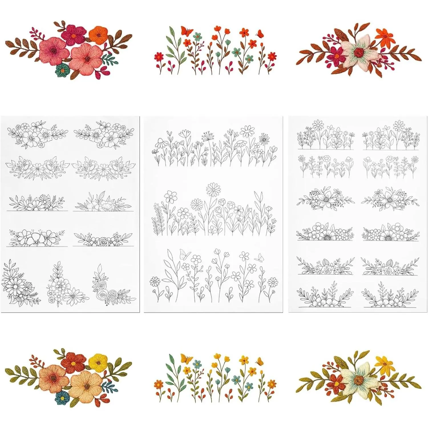 3 Sheets Water Soluble Embroidery Stabilizer, Stick and Stitch Pre-Printed Flower Leave Transfer Paper for Embroidery Patterns Hand Sewing