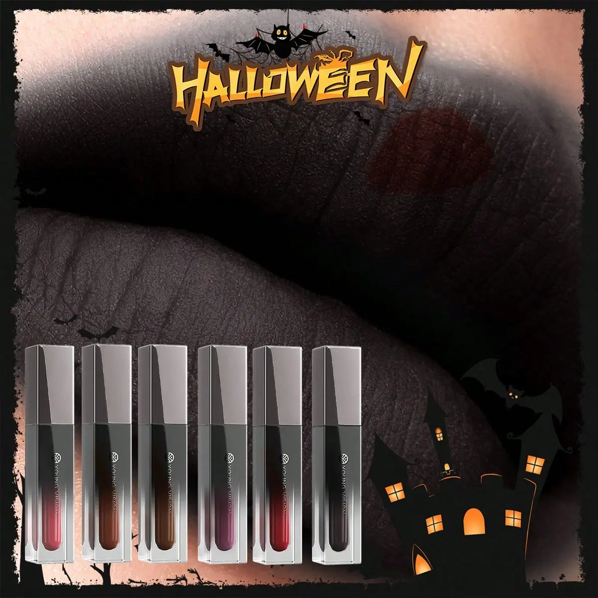 A 6-Piece Halloween Dark Gothic Lip Gloss Set - Velvet Lip Mud, Black Matte Lipstick For Women Makeup, Lip Gloss, Can Be Used For Lips, Contour, Blush, Eyeshadow, Precise Lip Definition, Long-Lasting, Perfect For Thin And Thick Application