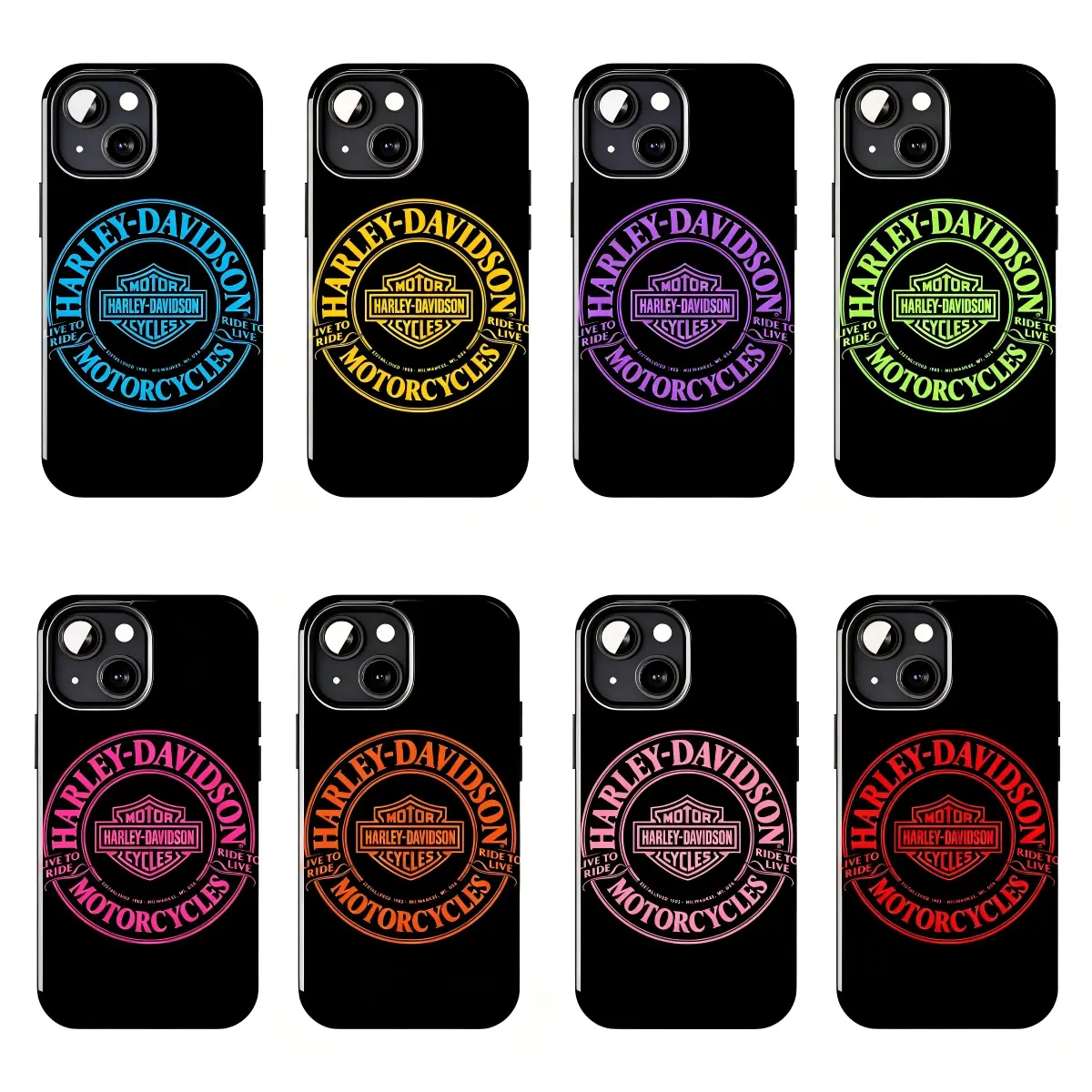 Harley-Davidson Phone Case Motorcycle Badge Logo Design, Neon Outline Graphic Print on Black Background, Vintage Biker Culture Rider Style Protective Cover for iPhone 11–17 Pro Max/Plus Series and Samsung Galaxy S23–S25 Series