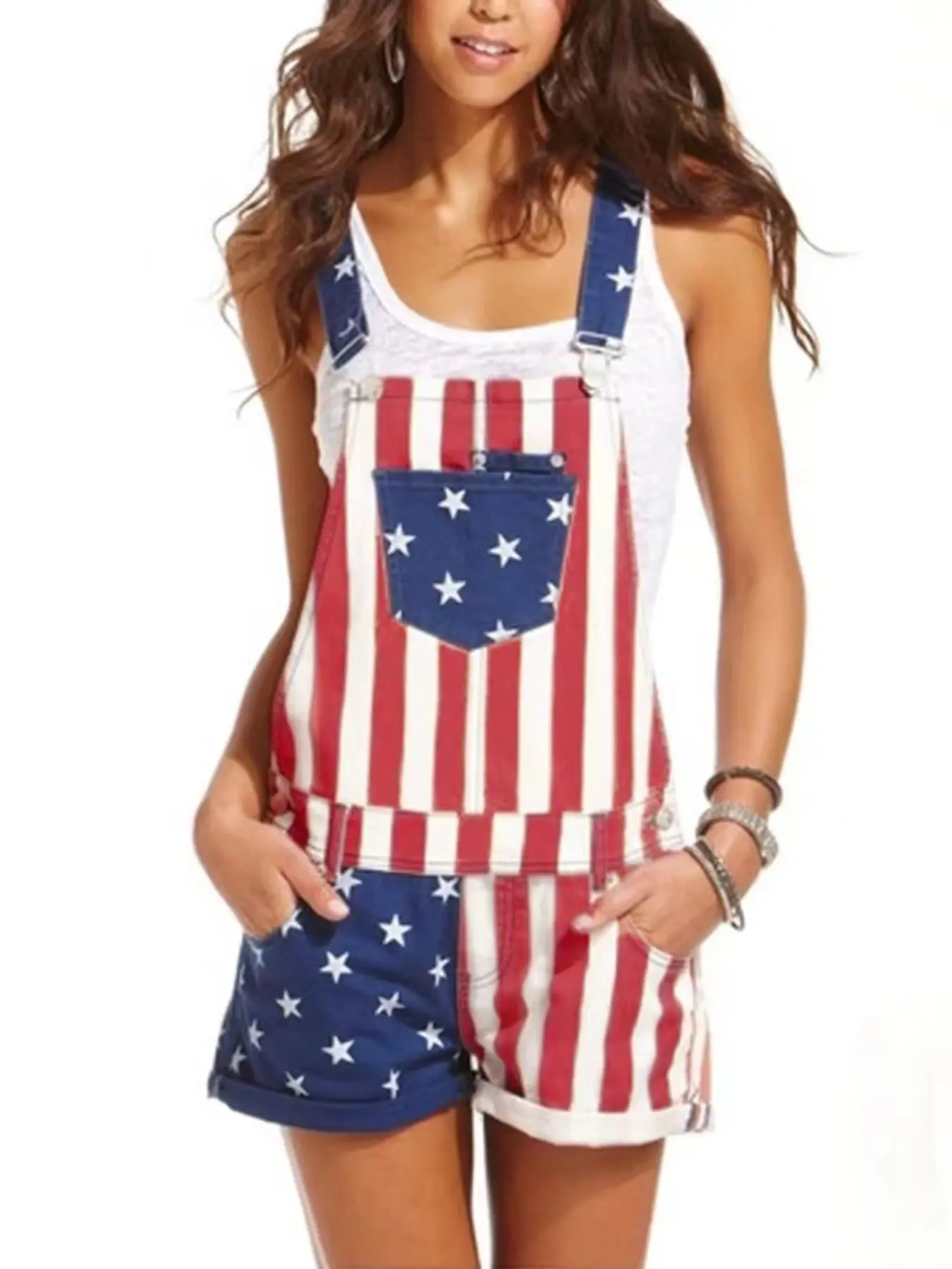 American Vintage Flag Star Stripe Print Cargo Pants, Women's Colorblock Patchwork Rolled Hem Utility Halter Romper Shorts