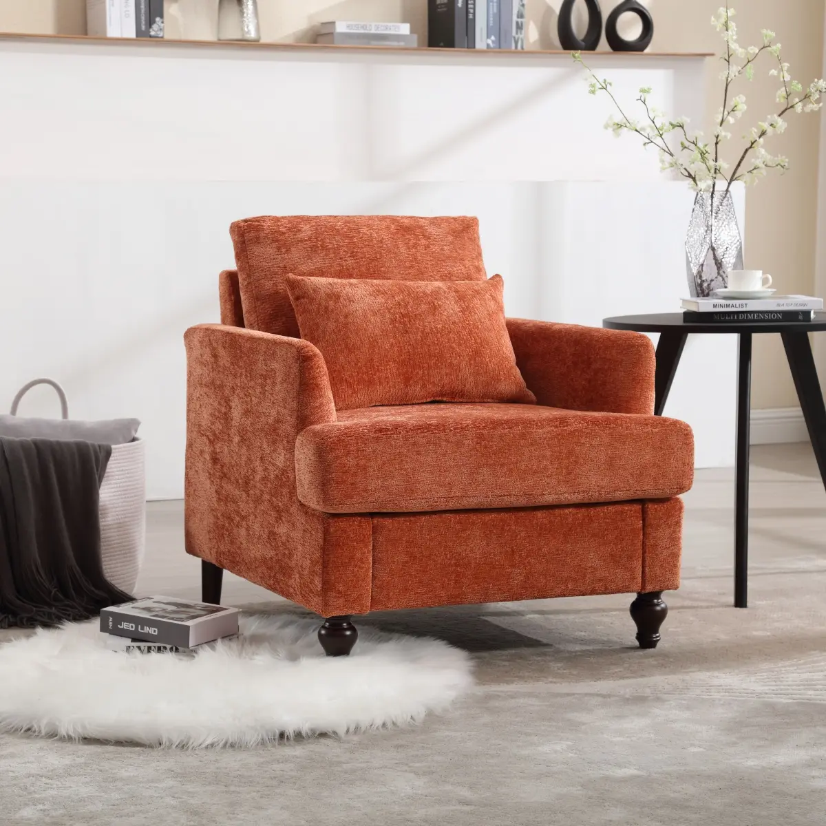 Armchair Accent Chair Comfy Living Room Chairs with 1 Throw Pillow,Upholstered Mid-Century Armchair,22'' Deep Seat,Reading Chair for Bedroom,Office,Chenille (Orange)