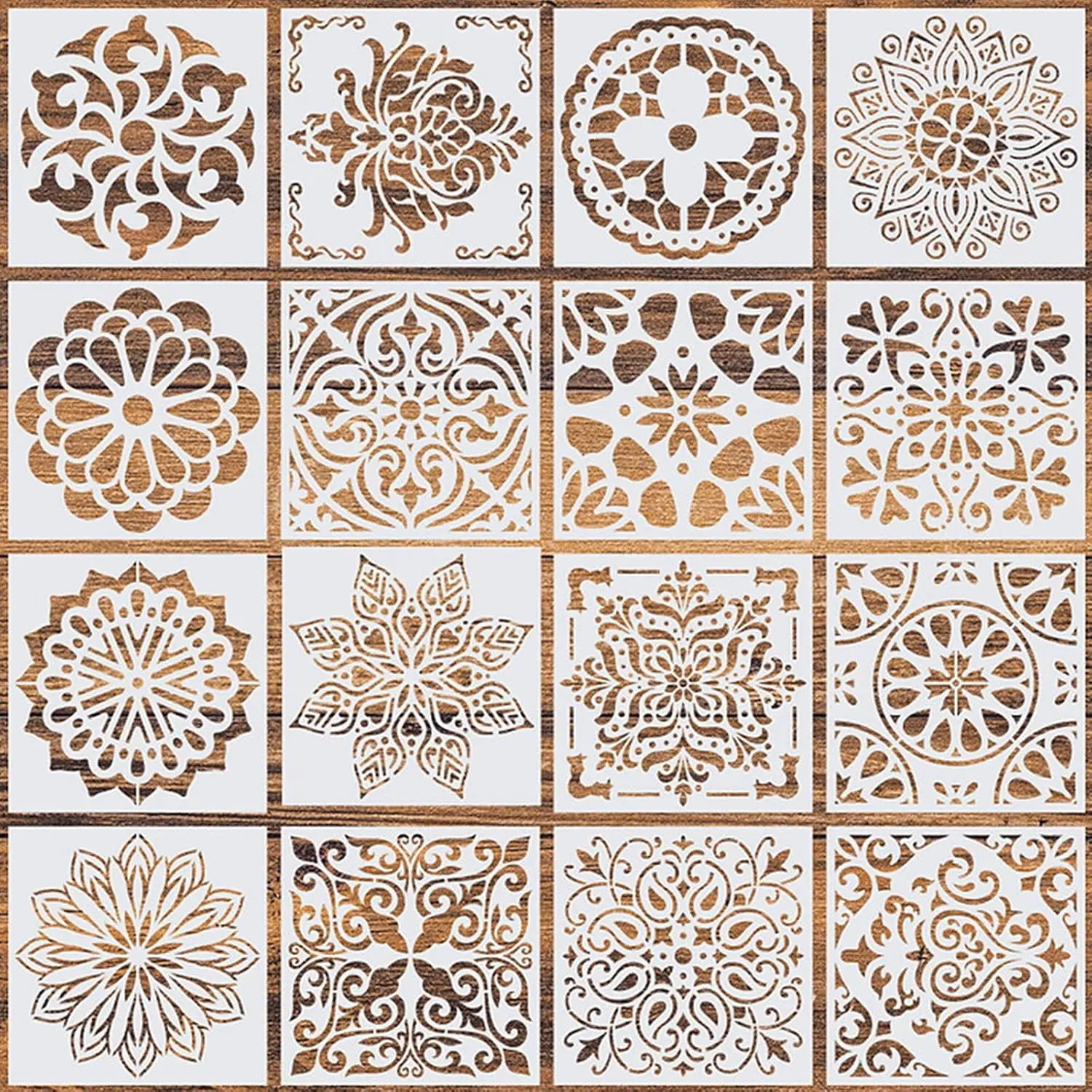 16-Count Modern Mandala Stencils, 6x6 Inch DIY Painting Templates for Crafts - Smooth Edges, Geometric Layering Designs, Washable - Ideal for Walls, Fabric, Cards