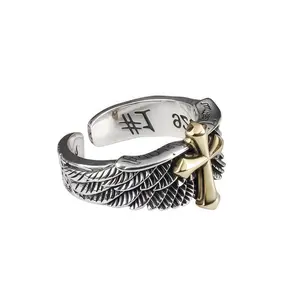 Men's Wing Cross Ring | Gothic Punk Statement Ring for Men |  Adjustable Bold Cross Wing Jewelry | Dark Silver Tone Gothic Ring |  Trendy Men's Rings 2026