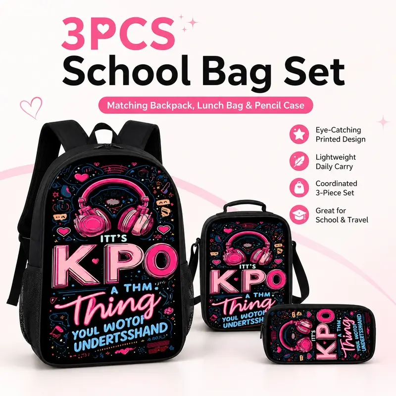 3-piece travel luggage set Kpop culture and art. It includes a school bag with zipper closure, a crossbody bag, and a pencil case
