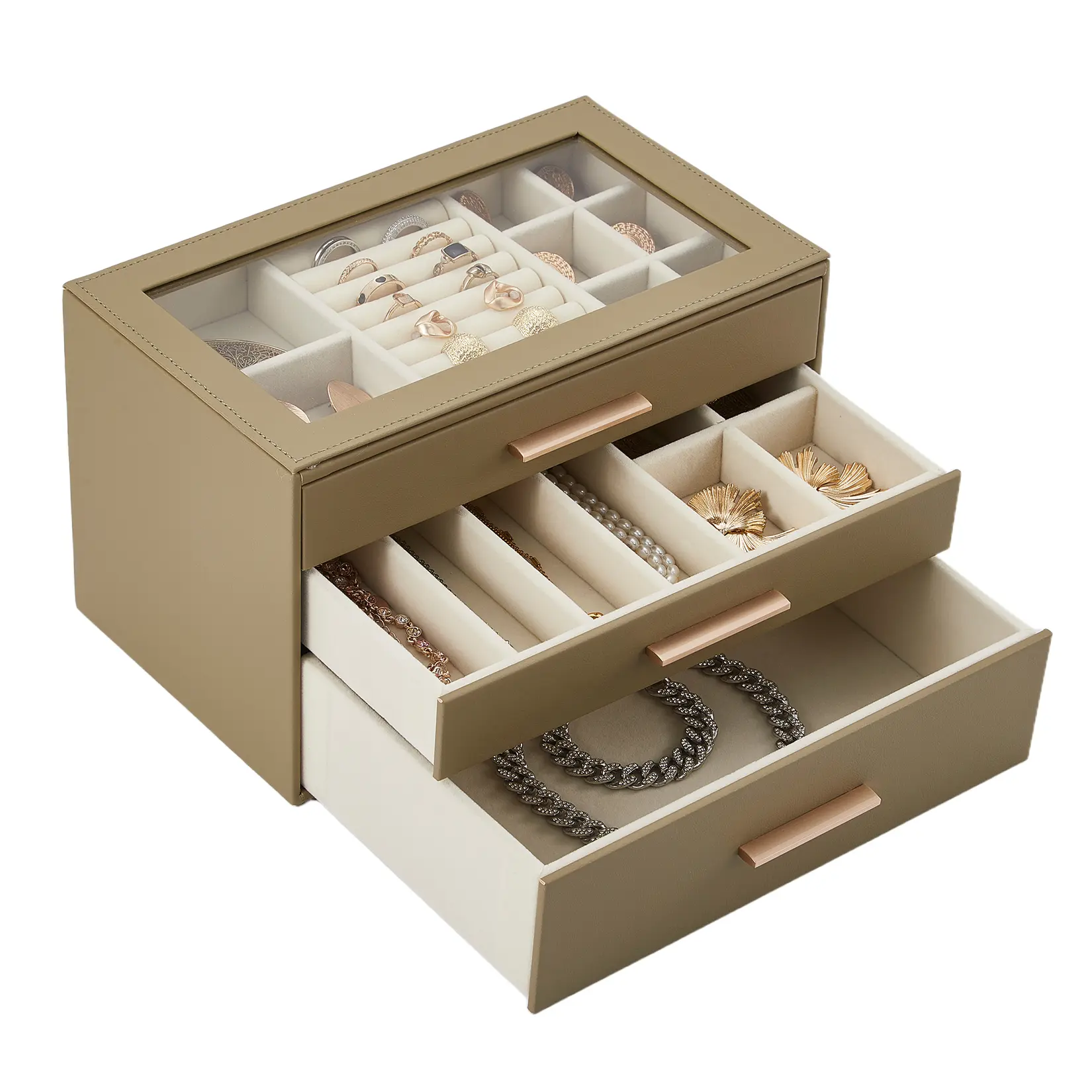 Classic PU Leather 3-Tier Jewelry Storage Box - Transparent Glass Lid, Velvet-Lined Drawers, Large Capacity Organizer for Rings, Necklaces, Earrings, Bracelets - White, 25.5x15x15.5cm, Ideal Home Organizer Gift