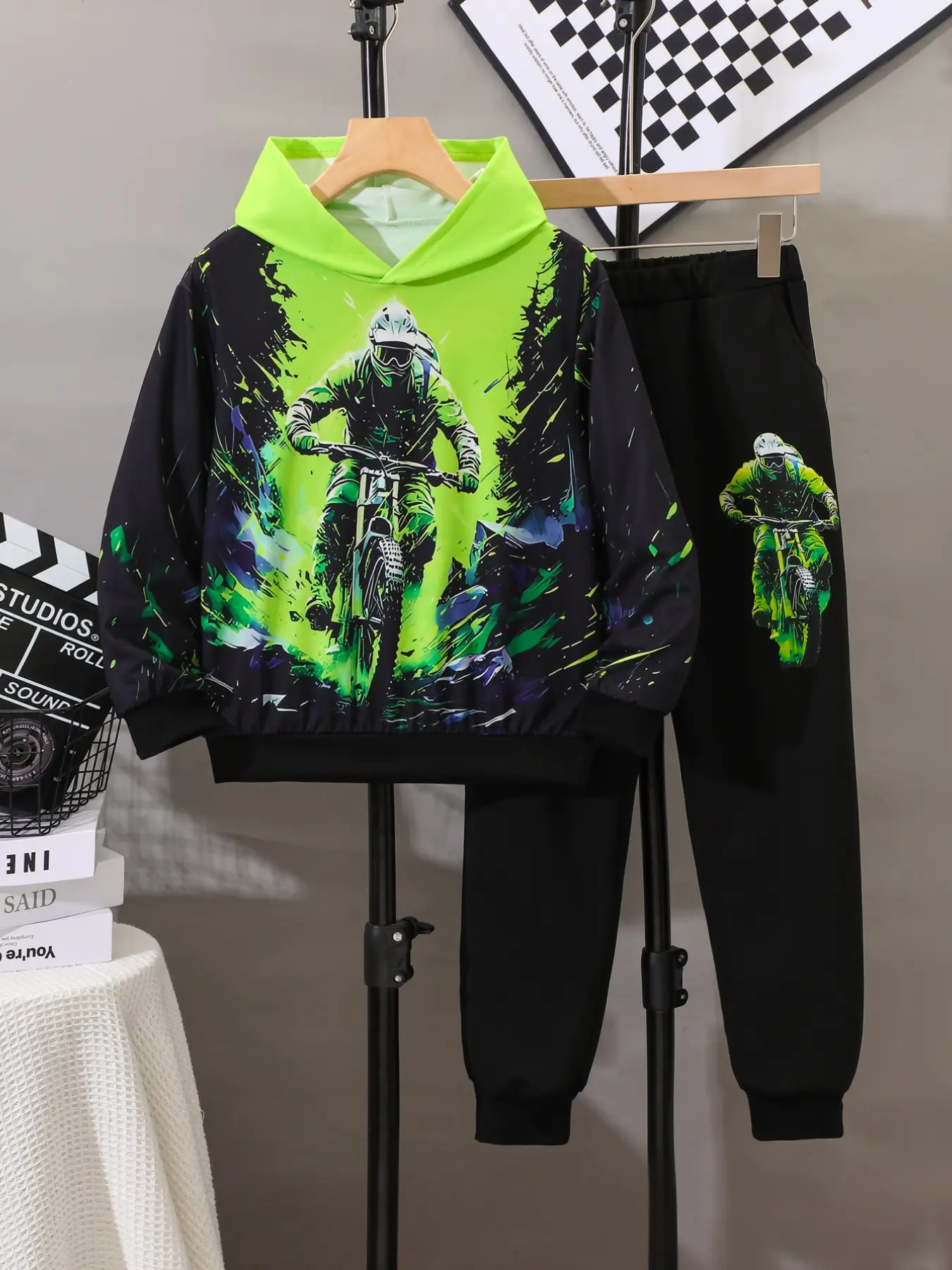 Boys' Fall Winter Long Sleeve Bike Rider Print Hoodie Set, Fluorescent Contrast Hood, Body, Ages 8-12, Outdoor Gift, Graphic Print Set