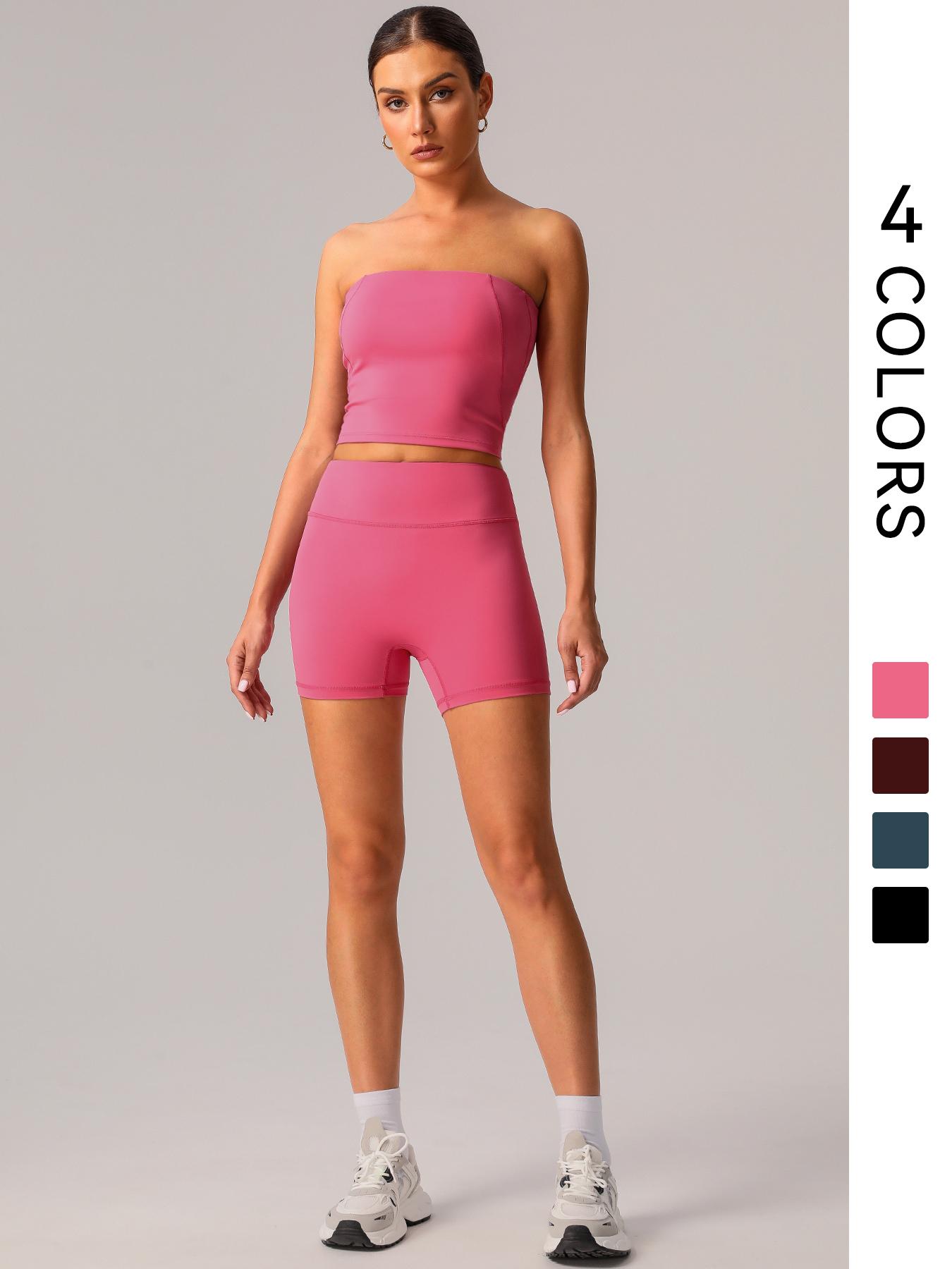 Women's Solid Crop Tube Top & High Waist Shorts Sports Set, Casual Comfy Breathable Two-piece Fitness Outfits for Yoga Gym Workout Running, Ladies Sportswear for Spring & Fall, Sporty Set