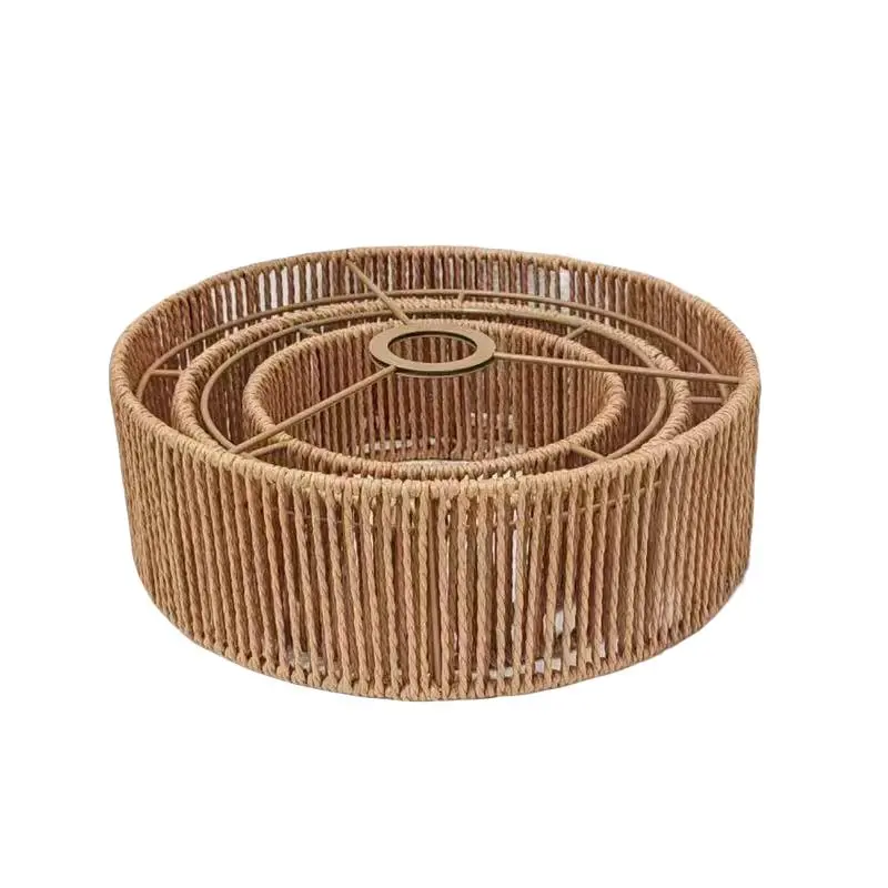 Handmade Bohemian Natural Rope and Wicker Pendant Light Shade, Three-Layer Drum Shape, Bedroom, Bathroom, Farmhouse Decor