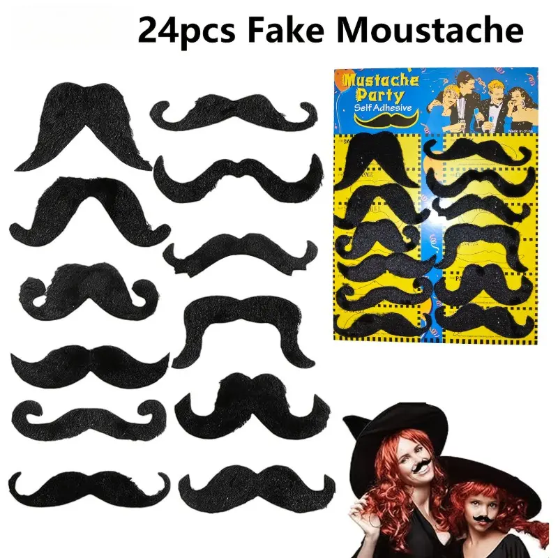 24pcs Self-Adhesive Fake Mustaches, Funny Beards for Halloween, Christmas, Thanksgiving, Reusable Party Props, Costume Accessories, Make Every Party Memorable