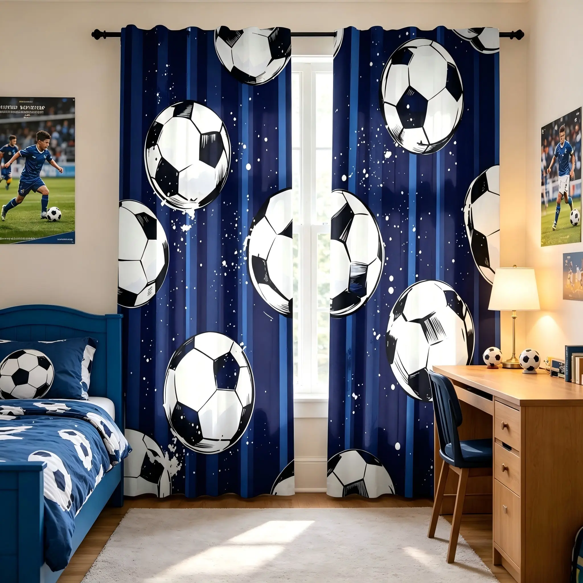 Sports Style Soccer Curtain, Fun Ink Splash Pattern, Teen Boy Bedroom Gaming Room, Two-Piece Light Blocking Drapes, Window Curtains