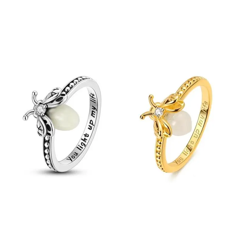 MULA S925 Silver-Plated Firefly Ring - Zircon-Set, Metal Coating, Firefly Motif, Fluorescent Design for Casual Wear, Cute Look, Girls & Nature Lovers Fashion Costume Jewelry Gift, Fluorescent Glow