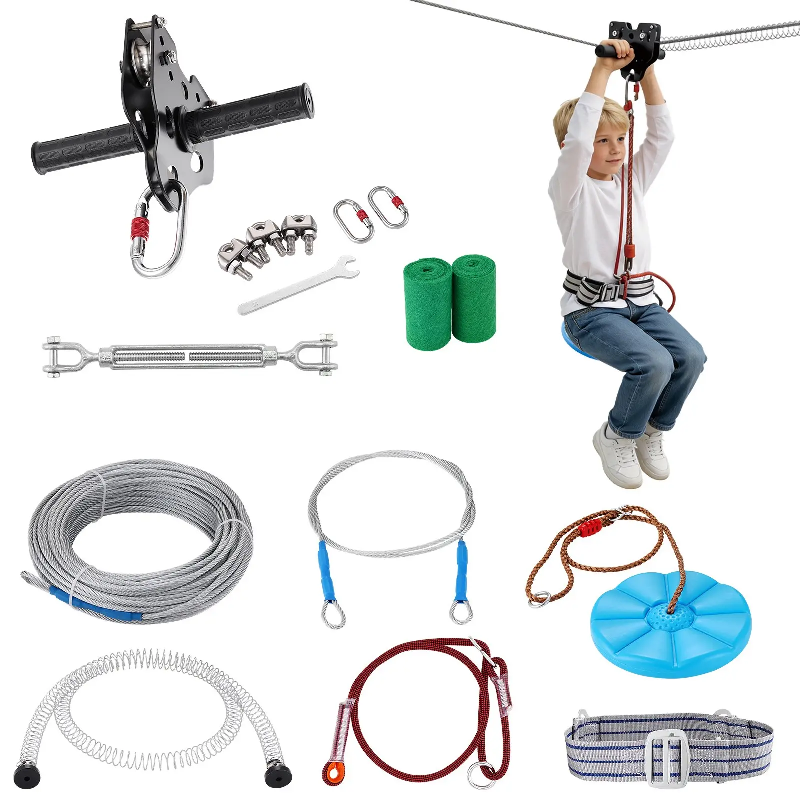 VEVOR Zipline Kit for Kids and Adult, 120 ft Zip Line Kits Up to 500 lb, Backyard Outdoor Quick Setup Zipline, Playground Entertainment with Stainless Steel Zipline, Spring Brake, Safety Harness, Seat
