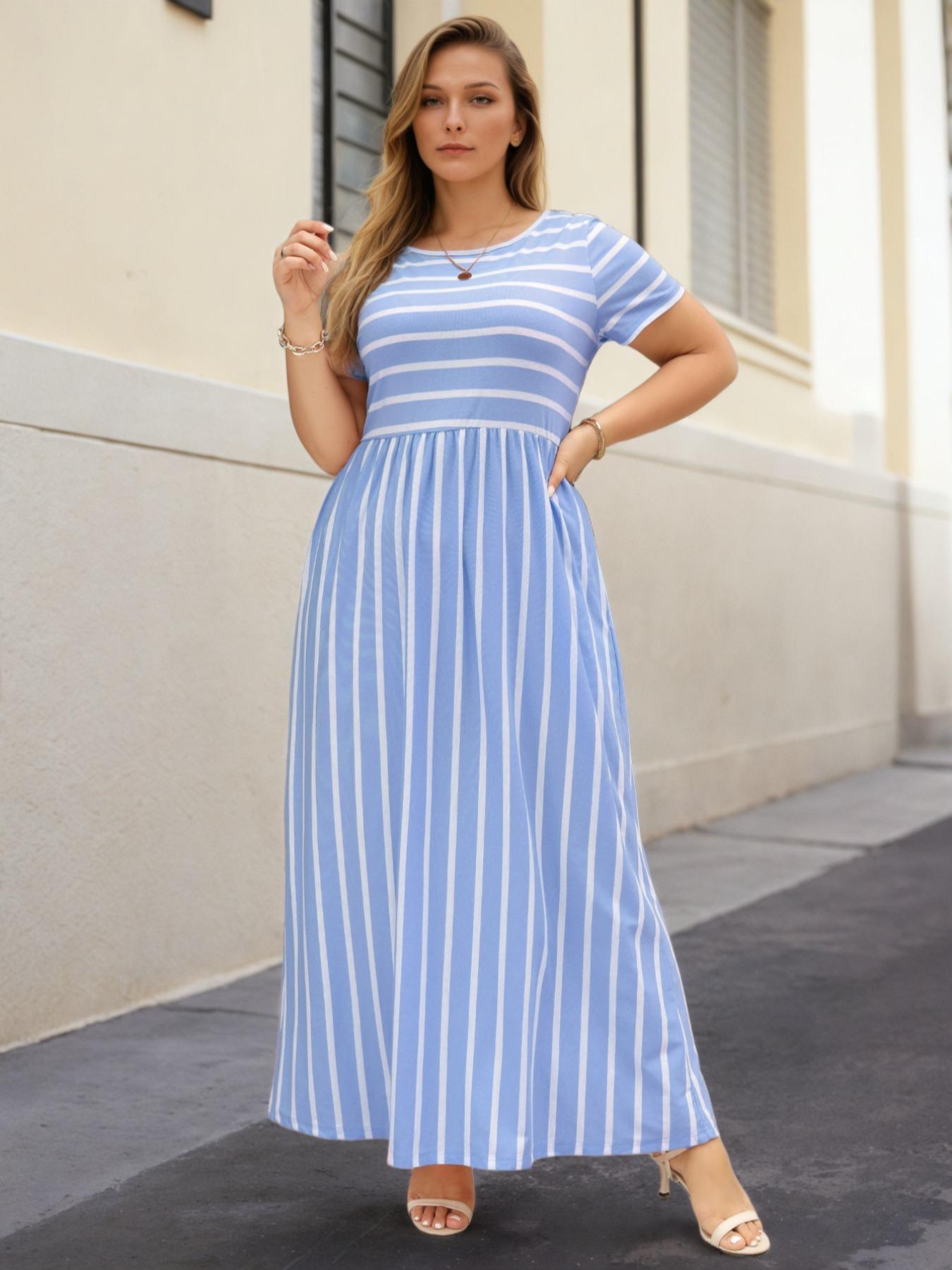 Women's Round Neck Stretchy Casual Long Plus Size Dress, Fitted, Perfect for Bridesmaids, Vintage Style Wedding & Party Wear, Comfortable Fabric, Summer Wear
