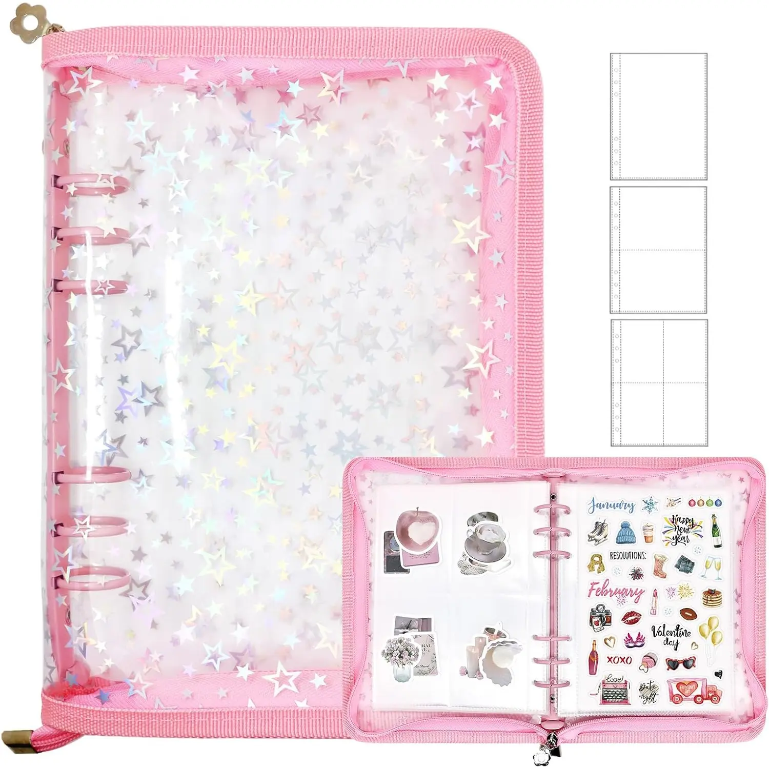 A5 Transparent Glitter Zipper Binder, 3 Detachable Inner Pages, Three Pocket Styles, PVC Waterproof Cover, Ideal for Cards/stickers/DIY Crafts