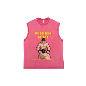 Men Vintage Acid Washed Pink Sleeveless Cut Off Tank Top, Finish Him Anime Muscular Wrestler Cartoon Graphic Muscle Vest, Funny Gay Pride Streetwear Crew Neck Casual Party Workout Sleeveless Shirt