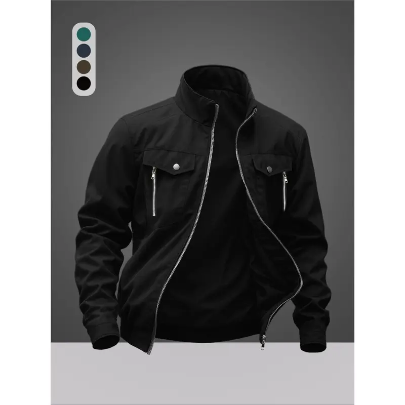 Men's Casual Zipper Jacket, Solid Color Outdoor Coat, Fitted Woven Fabric, Spring Fashion Outerwear, Comfortable Daily Wear