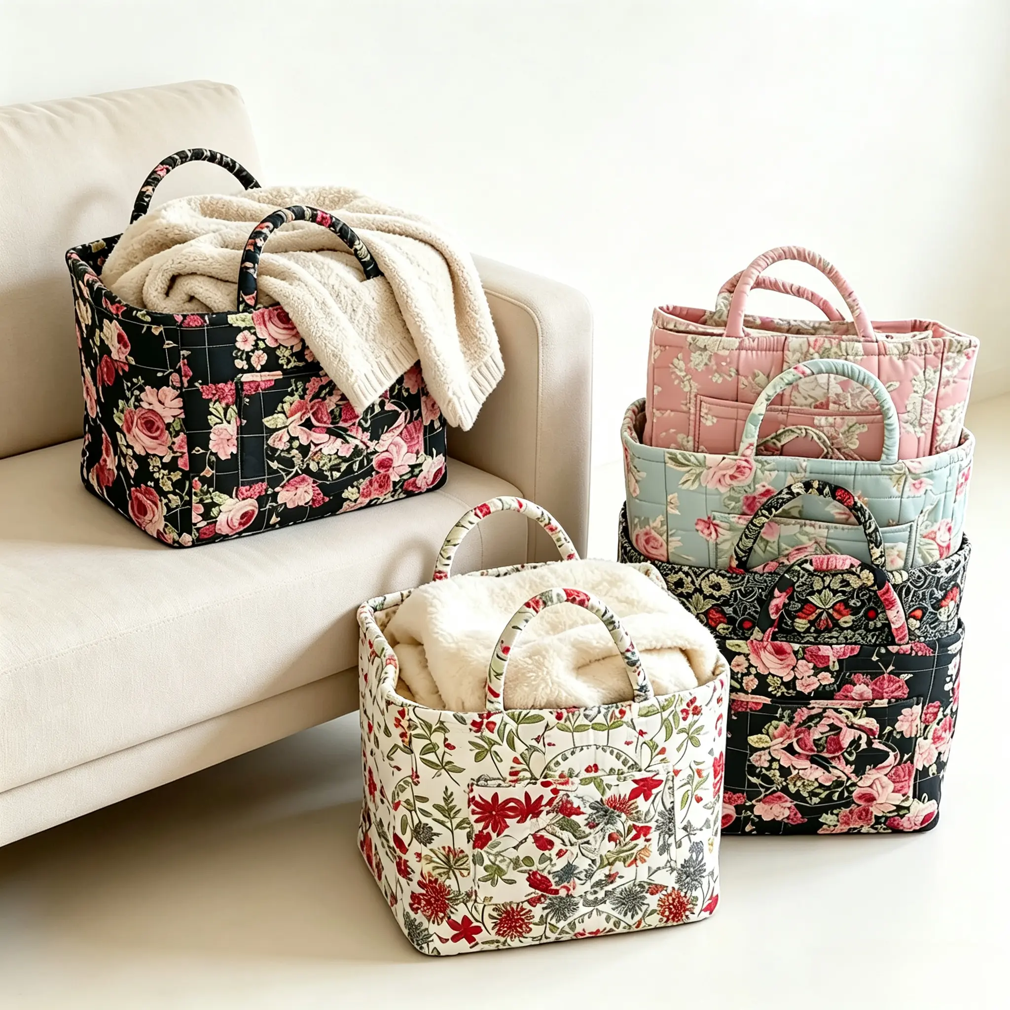 Quilted Floral Storage Basket with Handles, Large Fabric Storage Bin, Decorative Portable Organizer with Peony Flowers & Floral Quilting for Nursery, Bedroom, Storage Bins