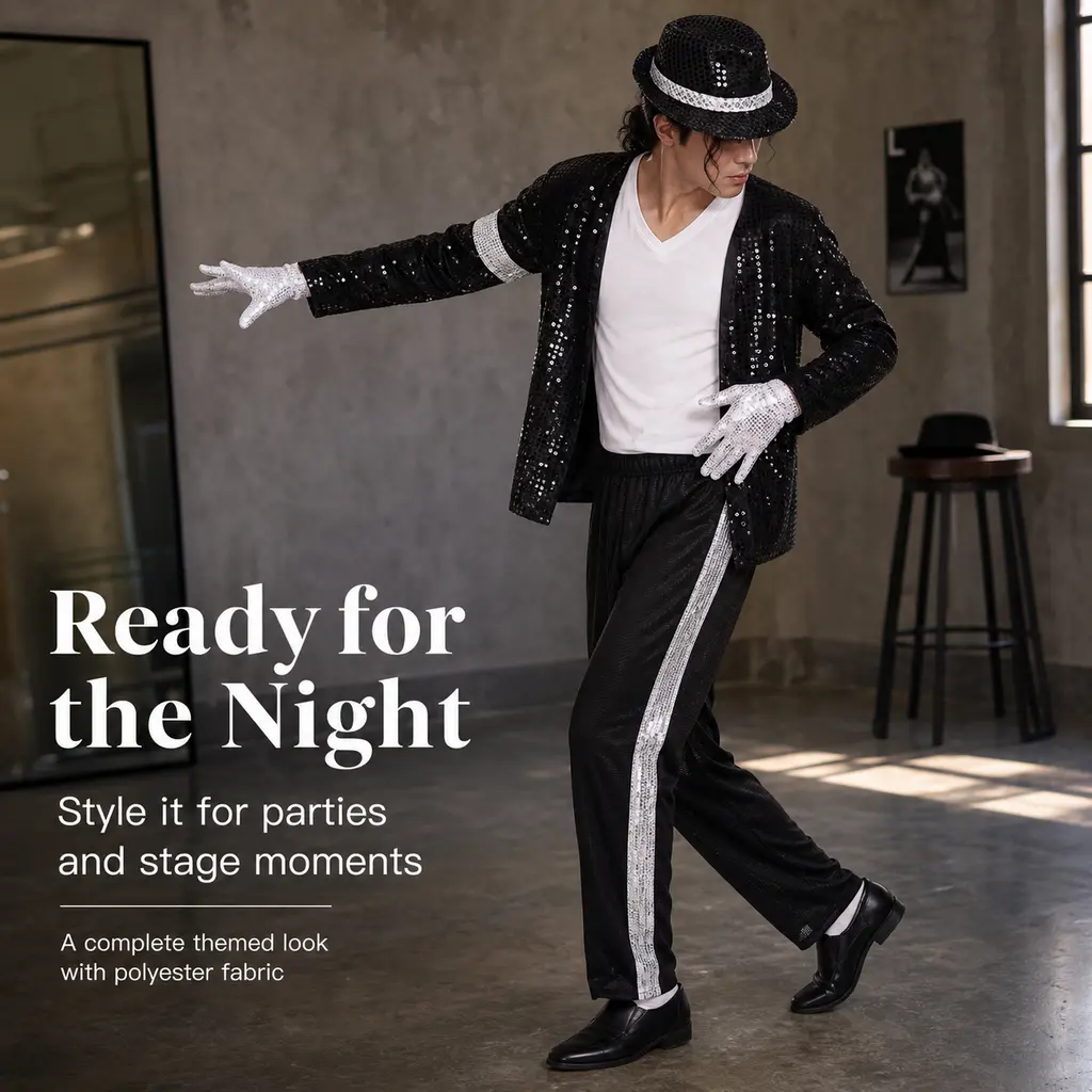 Men's Classic Adult Dancer Cosplay Costume Set - Black Sequin Jacket, Striped Pants, Hat, Gloves Outfit, Retro Pop Star Stage Performance Attire for Halloween Party, Breathable Leather Menswear