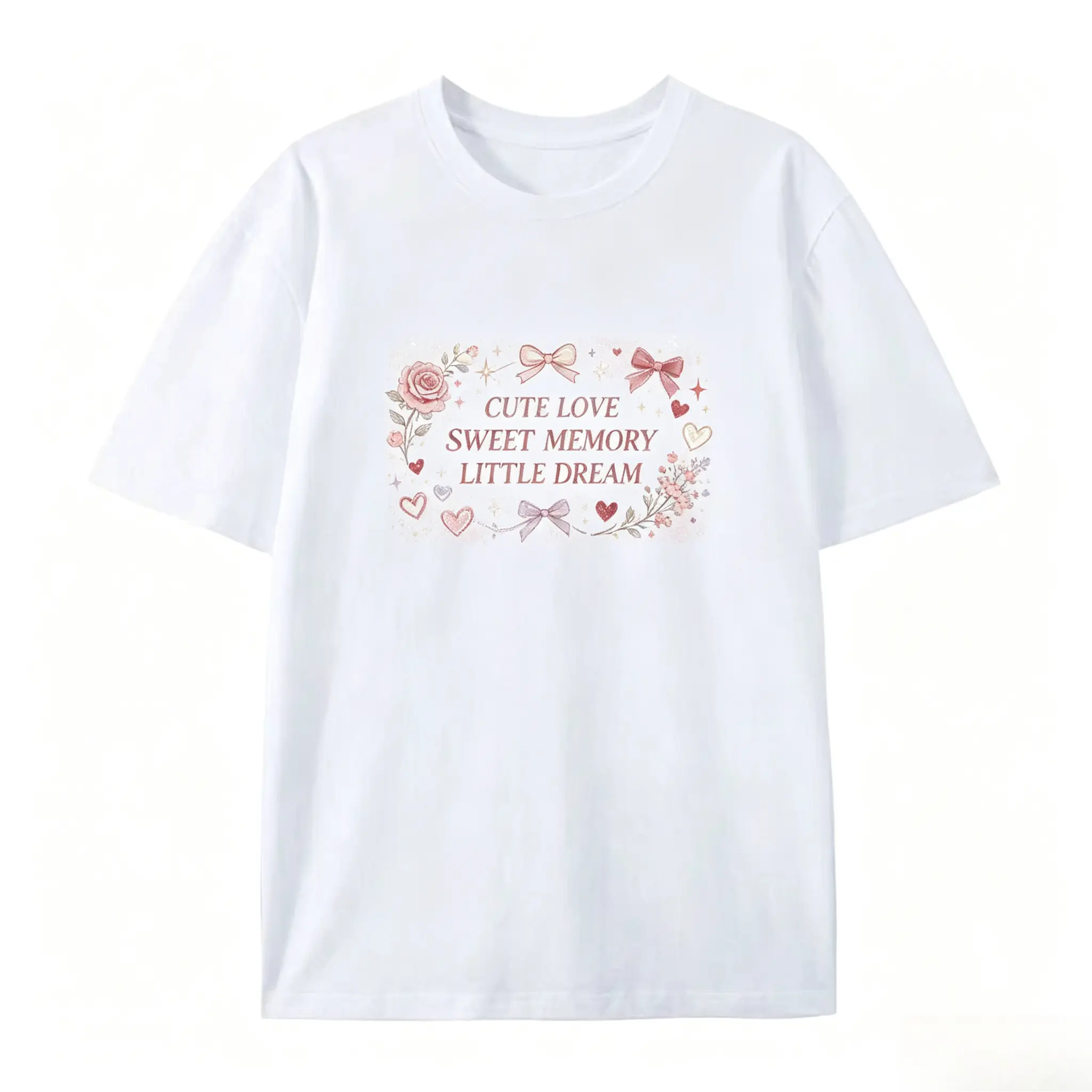Oversized Cute Love Sweet Memory Little Dream Bow Rose Heart Graphic T‑Shirt, Comfort Cotton Fashion Outfit, Cute Romantic Valentine Gift For Him Her, Perfect Holiday Present For Lovers Family Friends