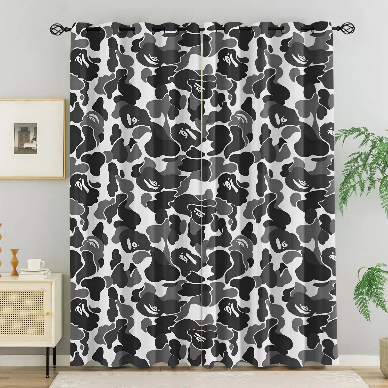 Two Panels Black & White Cartoon Ape Dark Pattern Camo Blackout Curtains-Metal Grommets Easy Install-Privacy Blocking Decorative Drapes-Minimalist Trendy Cool Boys Bedroom/Teens Dorm/Gaming Room Decor